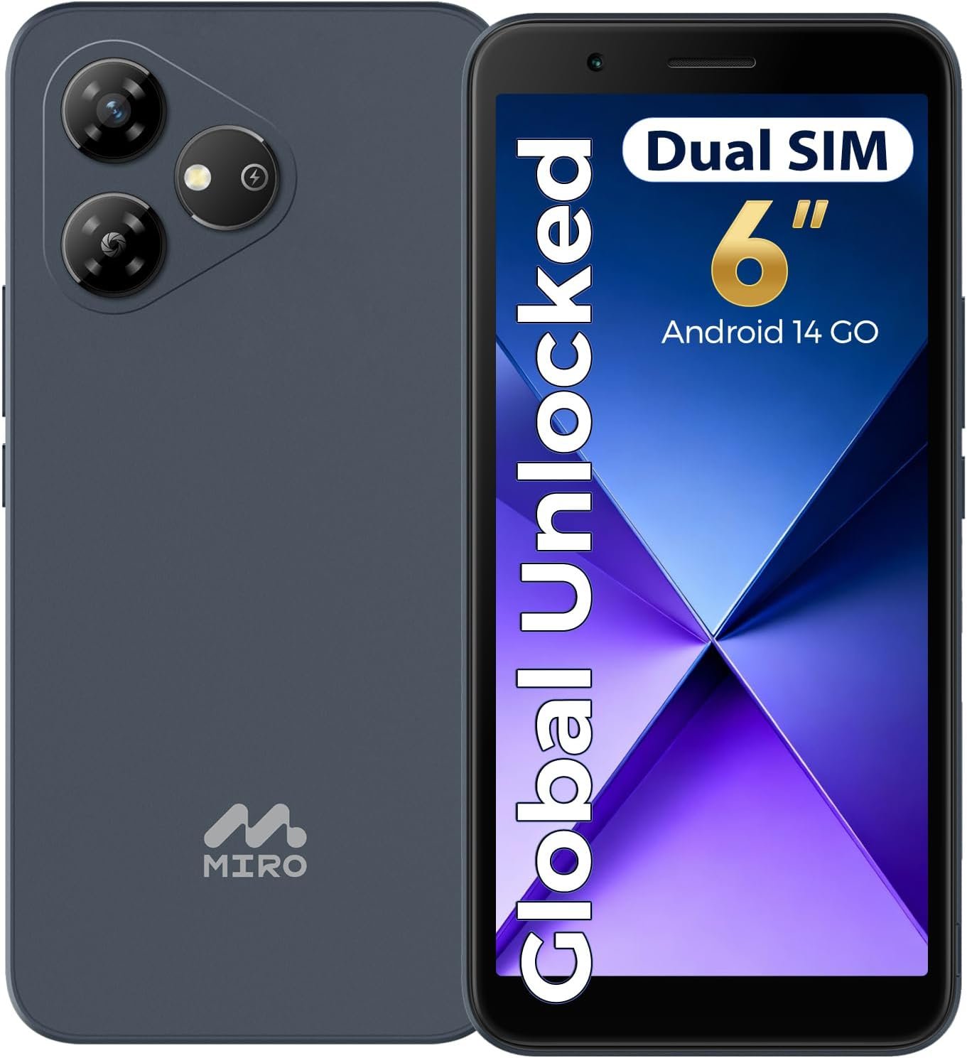 MIRO 4G Cell Phone – New Android 14 Go Edition Smartphone, 6″ Display, 2GB+32GB (256GB Expandable), 3000mAh Battery, 5MP+2MP Camera, Dual SIM, 3.5mm Headphone Jack(Blue)