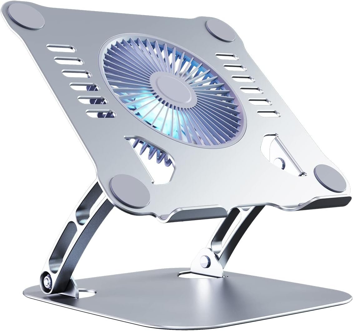 SHUWEI Laptop Cooling Stand with 3 Speed Fan, Adjustable Height Laptop Stand for Desk, Ergonimic Aluminum Laptop Cooling Pad for 10-15” Notebook – Silver