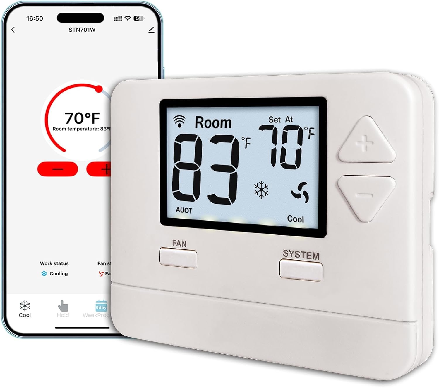 Heagstat WiFi Thermostat for Home 1 Heat/1 Cool 24V Conventional System | C-Wire Required, APP Remote Control, 7-Day Programmable