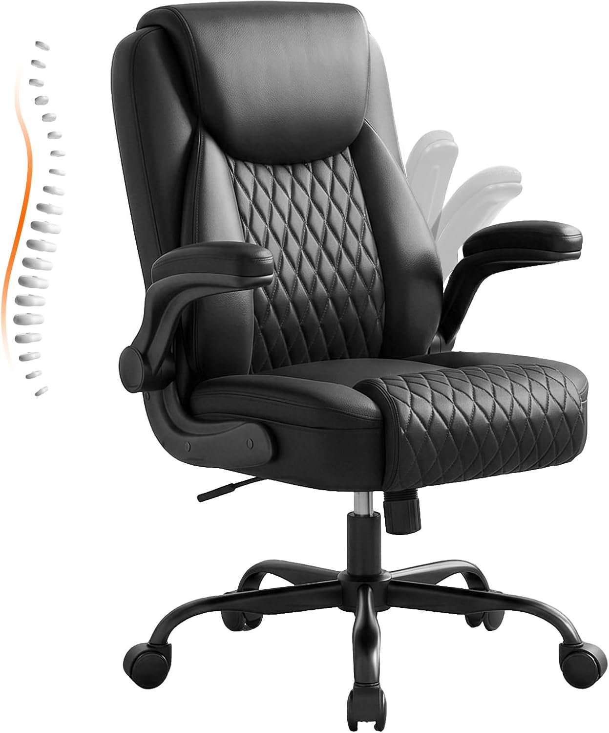 GTPLAYER PU Leather Office Chair, Home Desk Chair with Flip-up Arms, Black | Ergonomic Back, Comfy Executive Chair for Home Office Gaming, Flexible Rocking, Heavy Duty Chairs