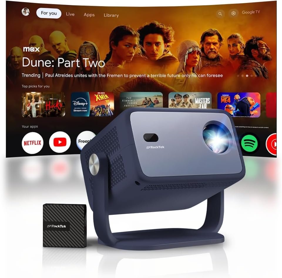 RockTek PJ400 Official Licensed Google TV Dongle Box Smart Projector 4K Supported, Native 1080P, Netflix Disney+, Mini Portable Home Theater Projector with WiFi 6 Bluetooth, Auto Focus/Keystone, HDMI