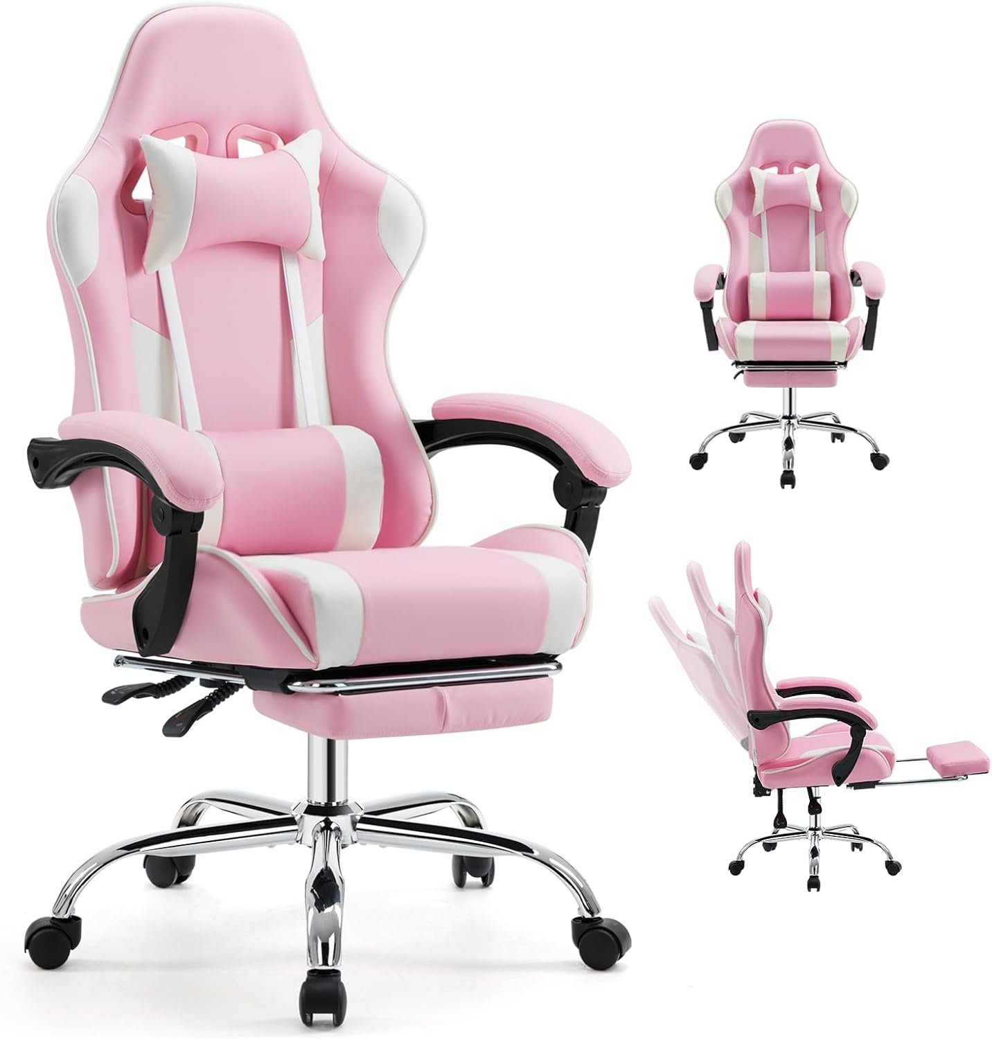 DUMOS Ergonomic Gaming Office Desk Chair with Footrest and Headrest for Adults, PU Leather Video Computer Chair with Linkage Armrests, Height Adjustable 360° Swivel Recling, White Pink