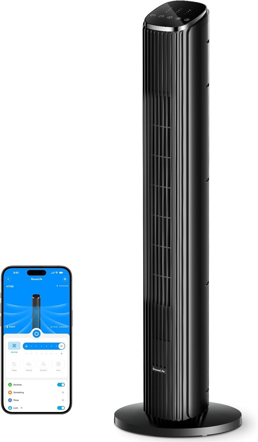 GoveeLife 36 in. Black Tower Fan for Bedroom, 5 Modes 8 Speeds up to 25ft/s | Smart Floor Fan with App/Voice Control, Temp Sensor, 29dB Bladeless Oscillating Fan for Office, 24H Timer, Auto Cooling