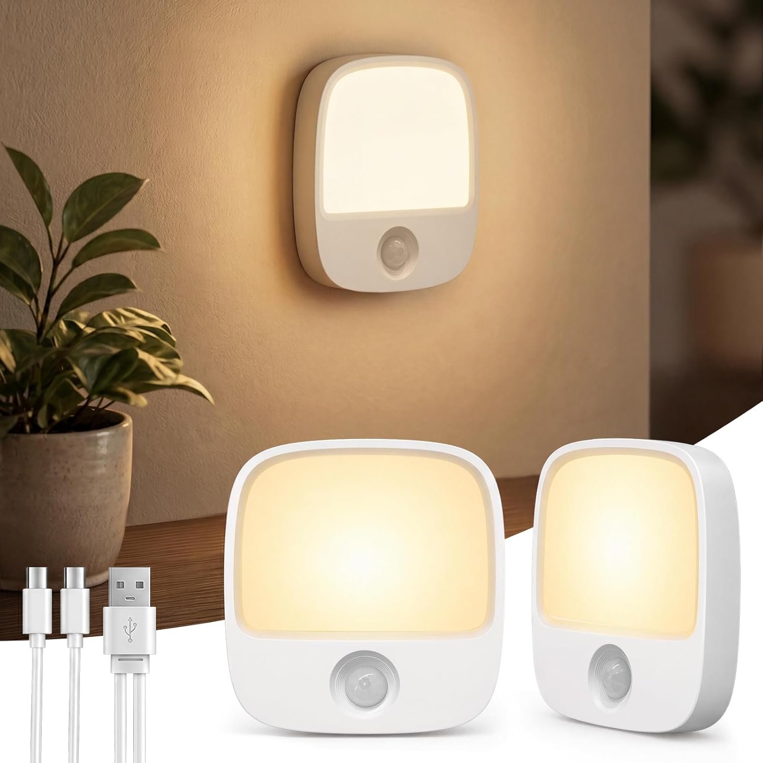EZVALO Rechargeable Motion Sensor Night Lights, 2 Pack Magnetic Stick-On LED Lights with 3 Color Temperatures, Adjustable & Memory, Cordless Night Light for Closet, Bedroom, Hallway, Stairs, Bathroom