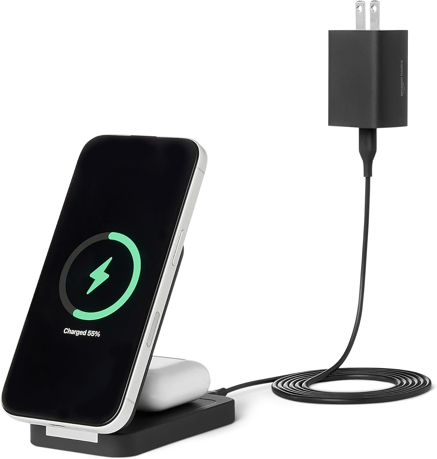 Amazon Basics MagSafe Compatible Wireless Charging Station, 25W Max. Fast Charging Qi2.2 Certified 2-in-1 Charger, Foldable Stand for iPhone 17/16/15/14/13/12 & AirPods, with 45W Max. Adapter, Black