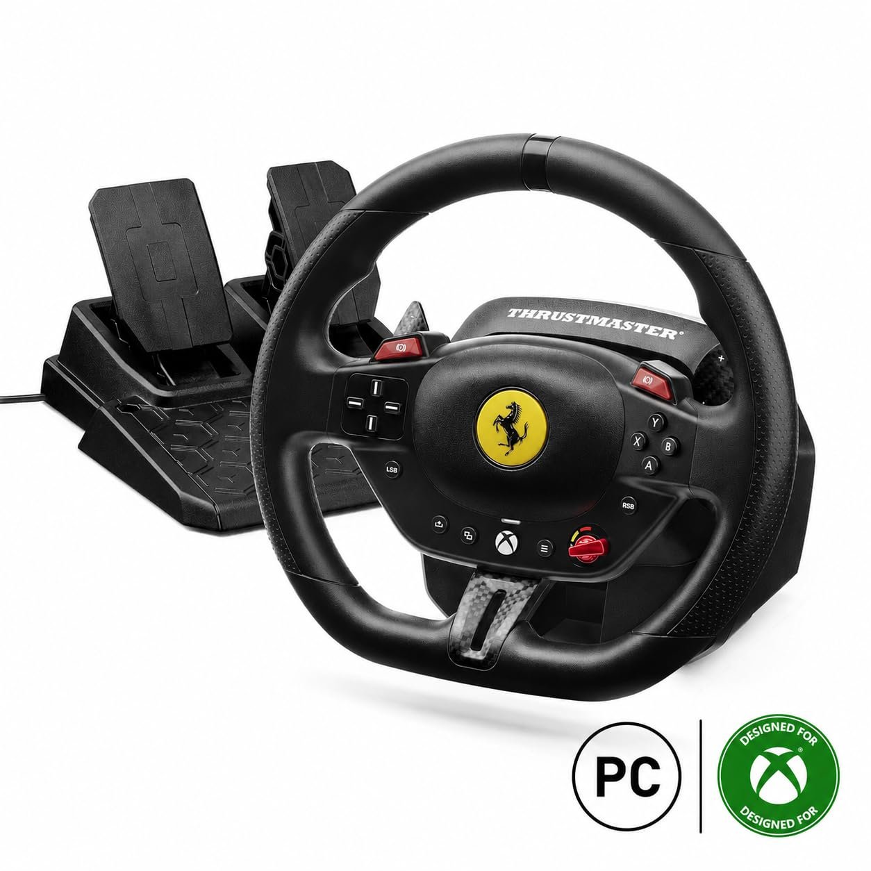 Thrustmaster T98 X Ferrari Licensed Racing Wheel & Pedal Set – XBOX & PC | 240-degree rotation, bungee-cord resistance, paddle shifters, 3 driving modes, Hall-Effect sensors, tool-free desk clamp