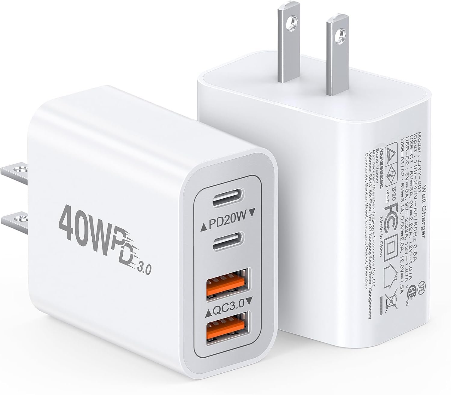 [2-Pack] 40W USB C Charger Block, 4-Port Type C Fast Charging Brick Dual PD&QC Wall Plug Adapter Compatible for iPhone13/14/15/16/17 Pro/Pro Max/iPad, Airpods, iwatch, Samsung Galaxy (White)