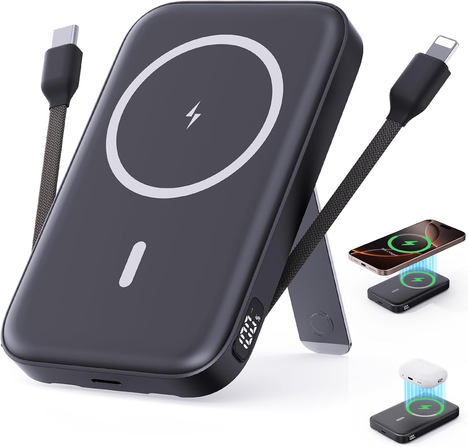 2026 Latest Portable Charger, 16800mAh Magnetic Wireless Power Bank with 2 Built in Cables, LED Display Battery Pack Travel Essentials for iPhone 17/16/15/14/13/Pro/Mini/Pro Max Andriod