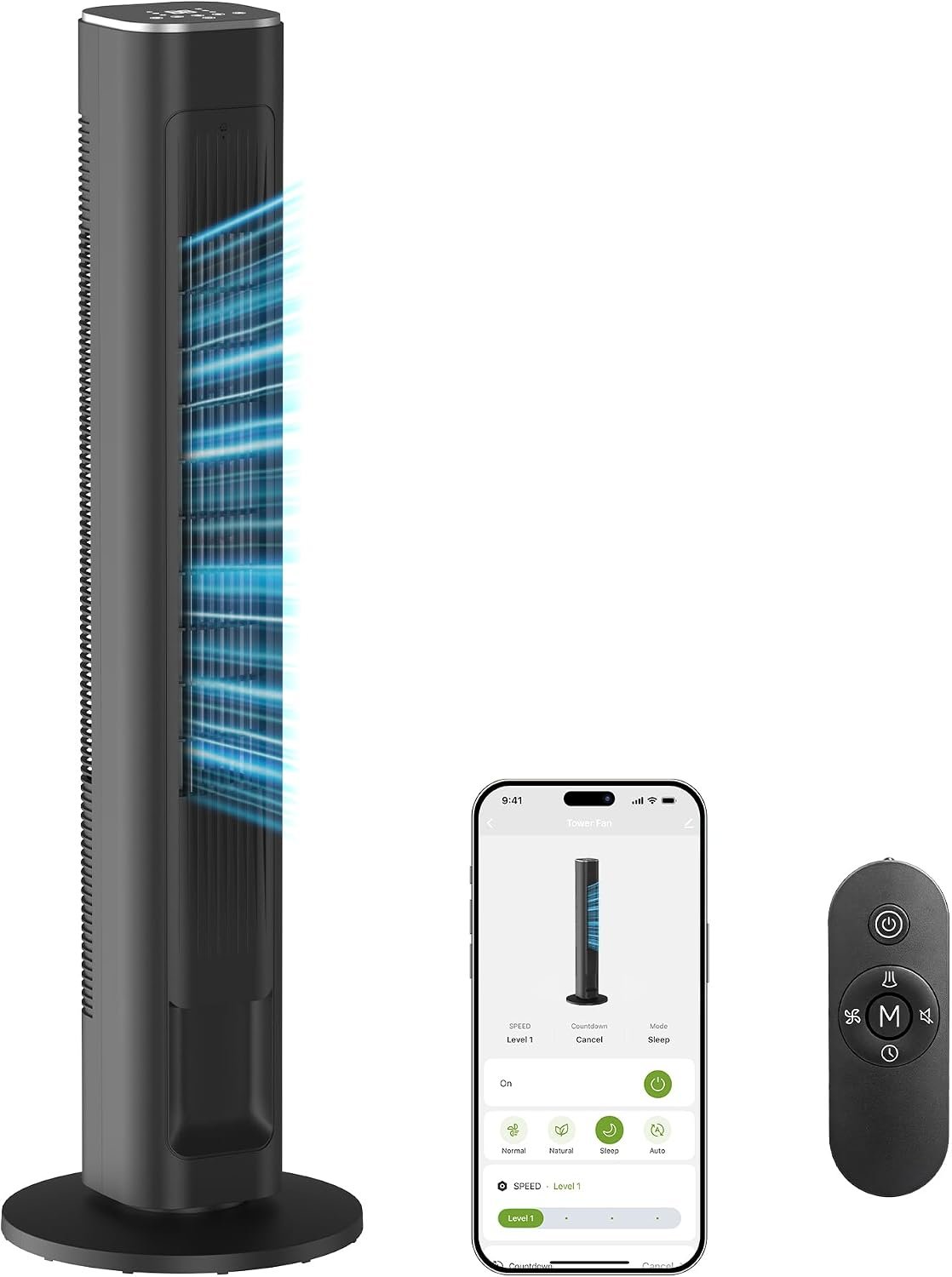 MORENTO 43″ Smart Tower Fan for Bedroom, High-Speed Standing Fan with App/Voice/Remote Control, 25ft/s Airflow, 25dB Quiet, 90° Oscillation, 4 Speeds & Modes, 12H Timer, Black 1 Pack