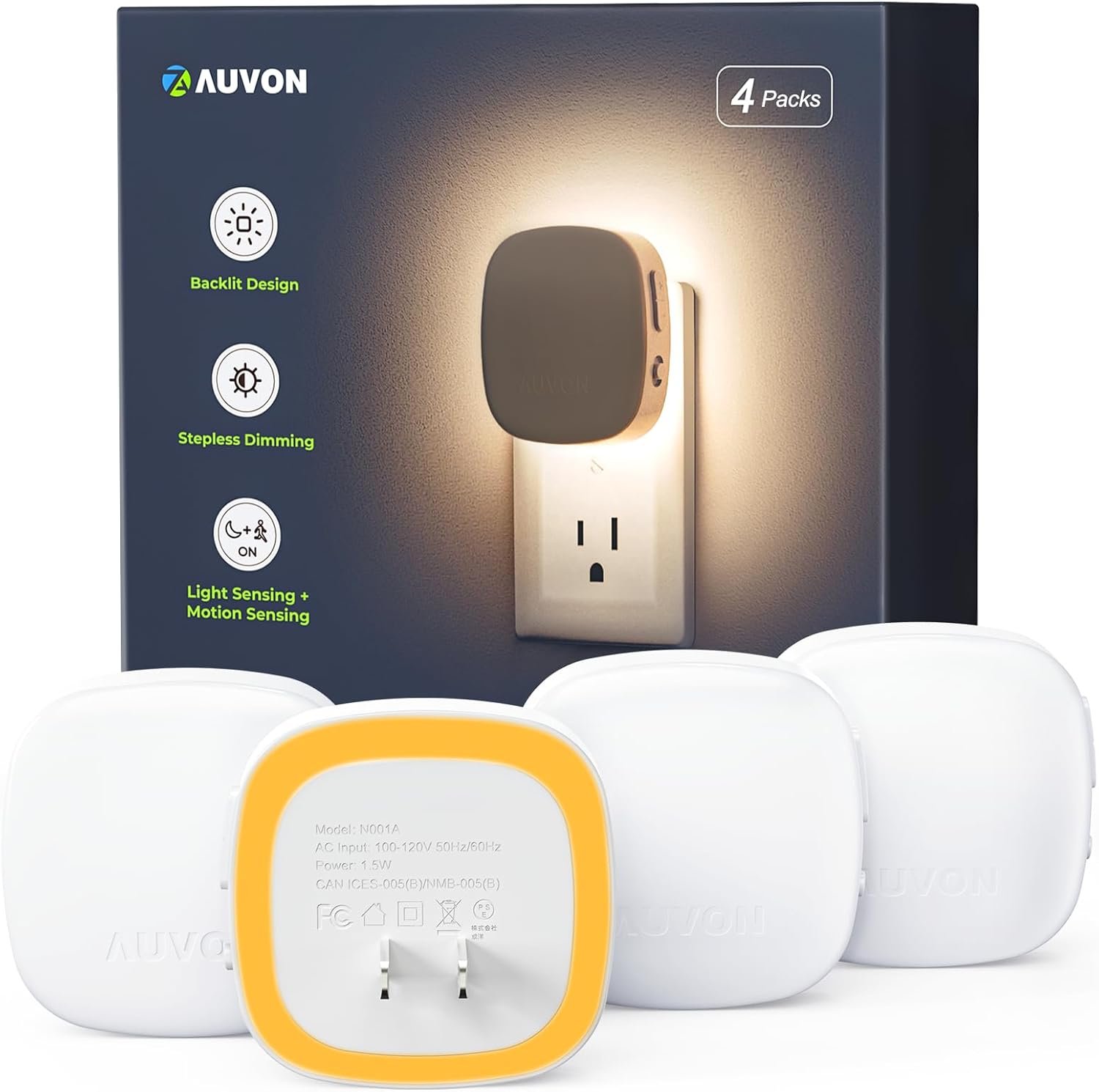 AUVON Plug-in LED Backlit Night Light-4 Packs, Motion & Dusk to Dawn Sensor | 1600K Amber Nightlight with 1-50lm Dimmable Brightness for Bedroom, Bathroom, Hallway, Kitchen, Garage, Nursery