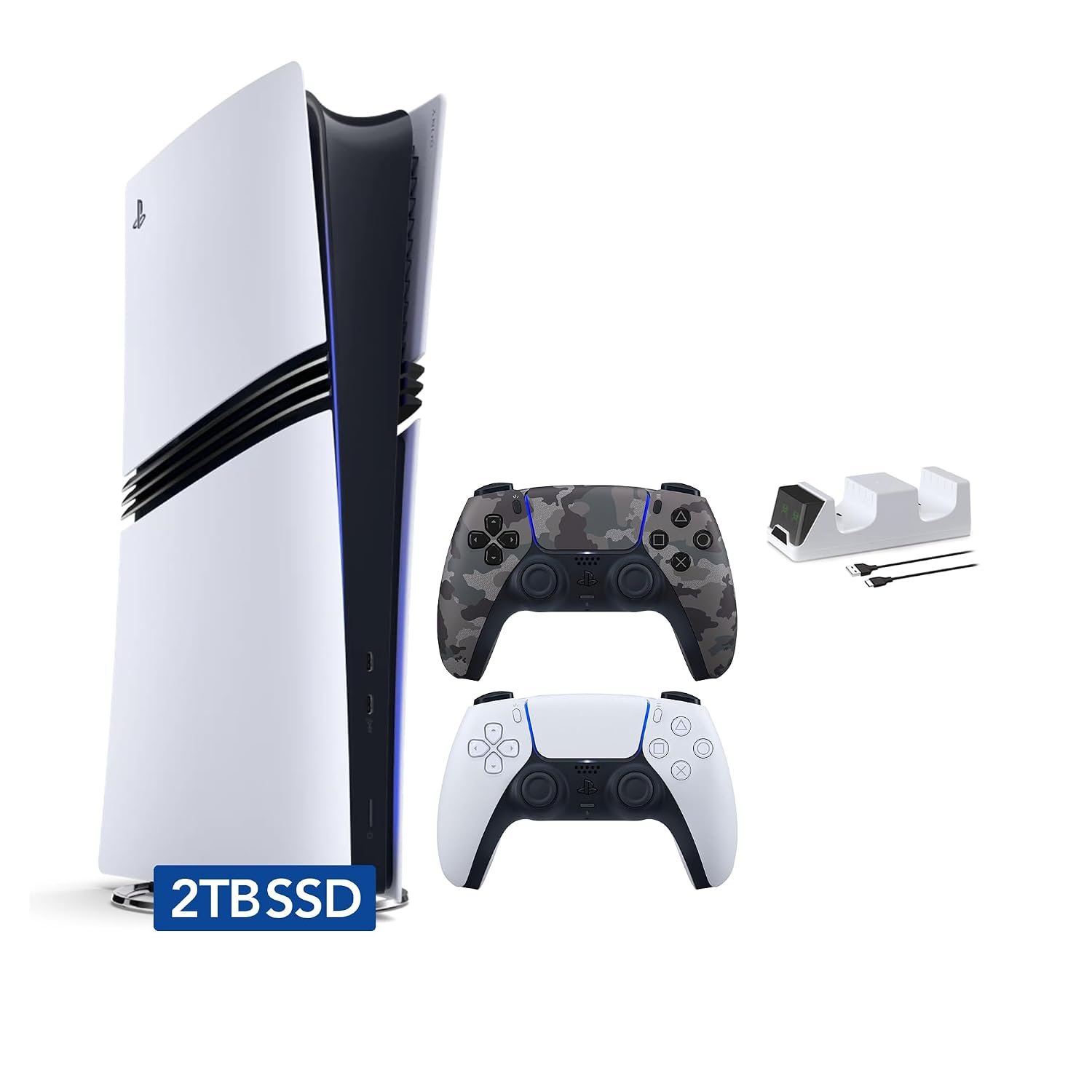 Sony PlayStation 5 Pro 2TB SSD Digital Console with Two Controllers, White and Gray Camouflage DualSense and Dual Controller Charger – Flagship PS5 Pro Console with Game Boost and Backwards Compatibility