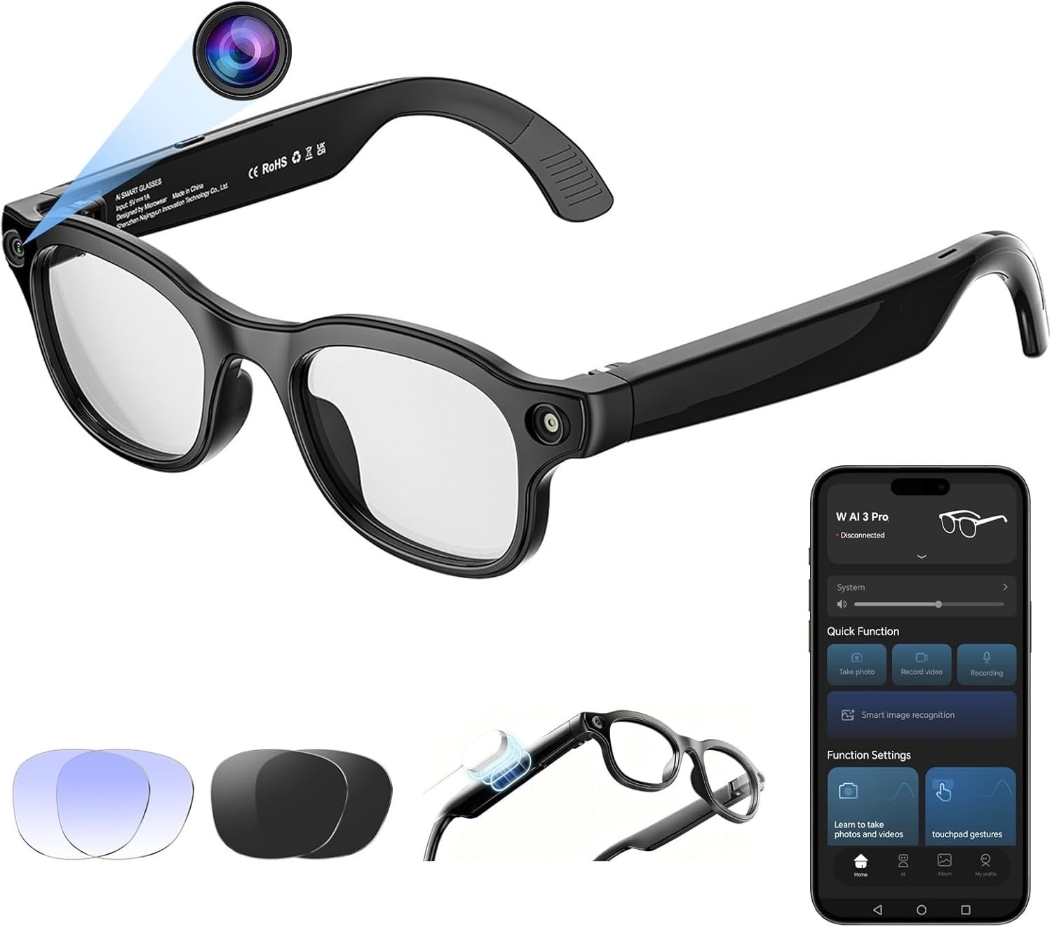 AI Smart Glasses with Camera 8MP, 4K Video, Bluetooth Ai Glasses for Men Women, Wireless Charging, Real-Time Translation, Voice Assistant, Object Recognition, Long Battery Life – 3 Lenses