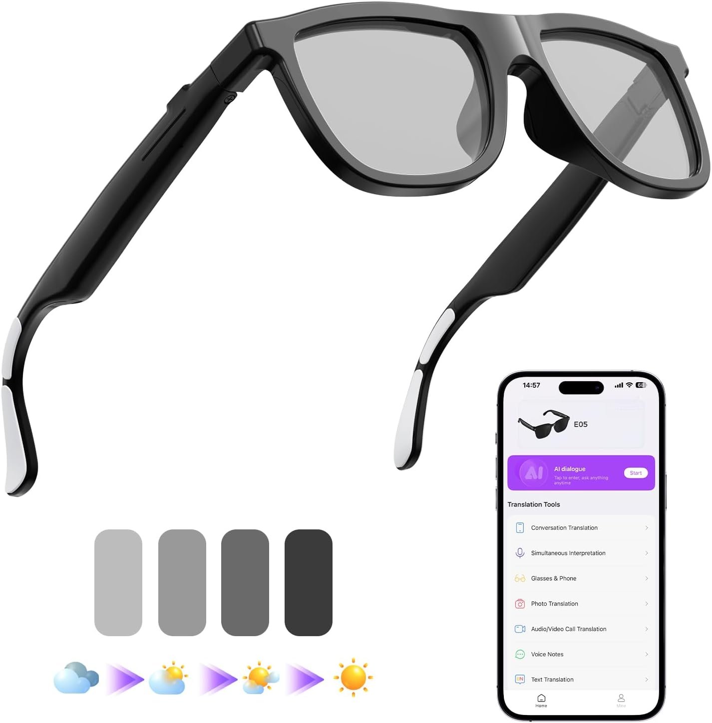 AI Smart Glasses Color-Change Lens,Translation Glasses with 164 Languages, Music Playback, Hands-Free Calls, UV Protection for Men and Women-Black