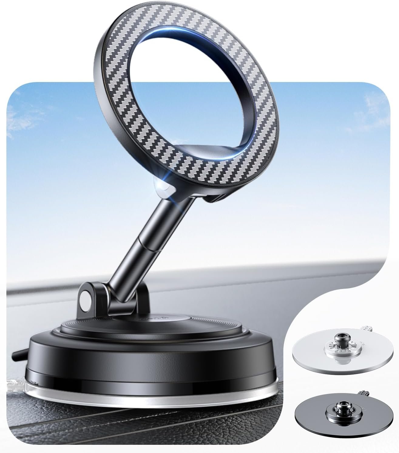 NeverDrop Magsafe Car Mount [2 Bases for Any Surface | 118+LBS Ultra Grip | 2400gf Strong Magnetic] 360° Adjustable Car Phone Holder, Phone Holders for Your Car for All Smartphones, Carbon Fiber