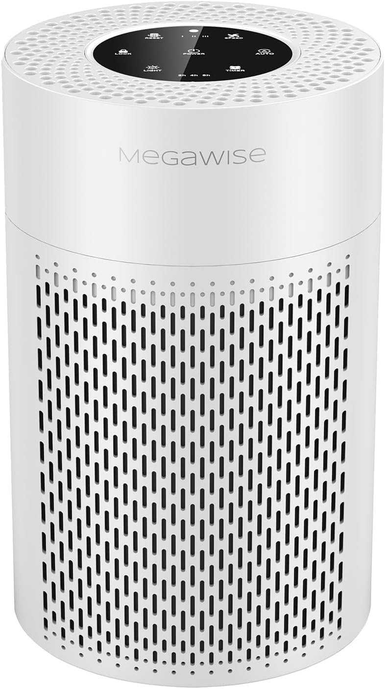 MEGAWISE Air Purifier for Wildfire Smoke, H13 HEPA for Home Bedroom, White | Wildfire smoke sensor + PM2.5 display, Quiet sleep mode (