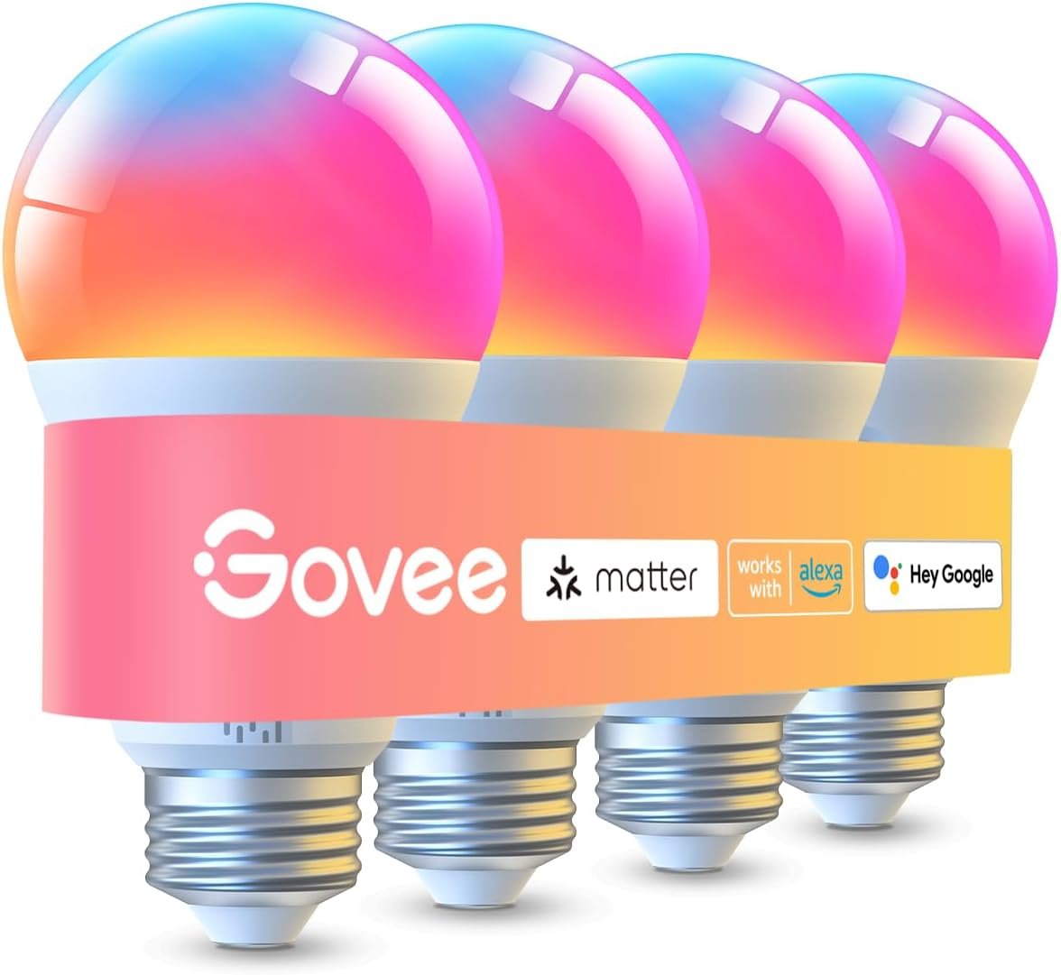 Govee LED Smart Light Bulbs, 1000LM Color Changing Light Bulb, Wi-Fi & Bluetooth Light Bulbs, Work with Alexa and Google Assistant, Dimmable RGBWW A19 75W Equivalent Smart Bulbs, 4 Pack | Color Changing Light Bulb, Work with Matter Alexa and Google Assistant, Smart Bulbs for Bedroom, Living Room