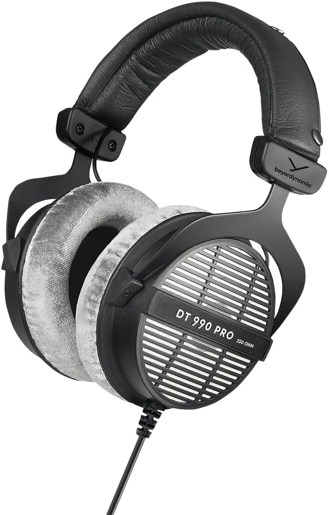 beyerdynamic DT 990 PRO, 250 Ohm, Open Back, Over Ear, Wired Headphones, 3m Coiled Cable, Black with Grey Velour Ear Pads | 3m Coiled Cable with 3.5mm Plug and 1/4 Adapter, Silver-Grey Velour Pads, Handmade in Germany