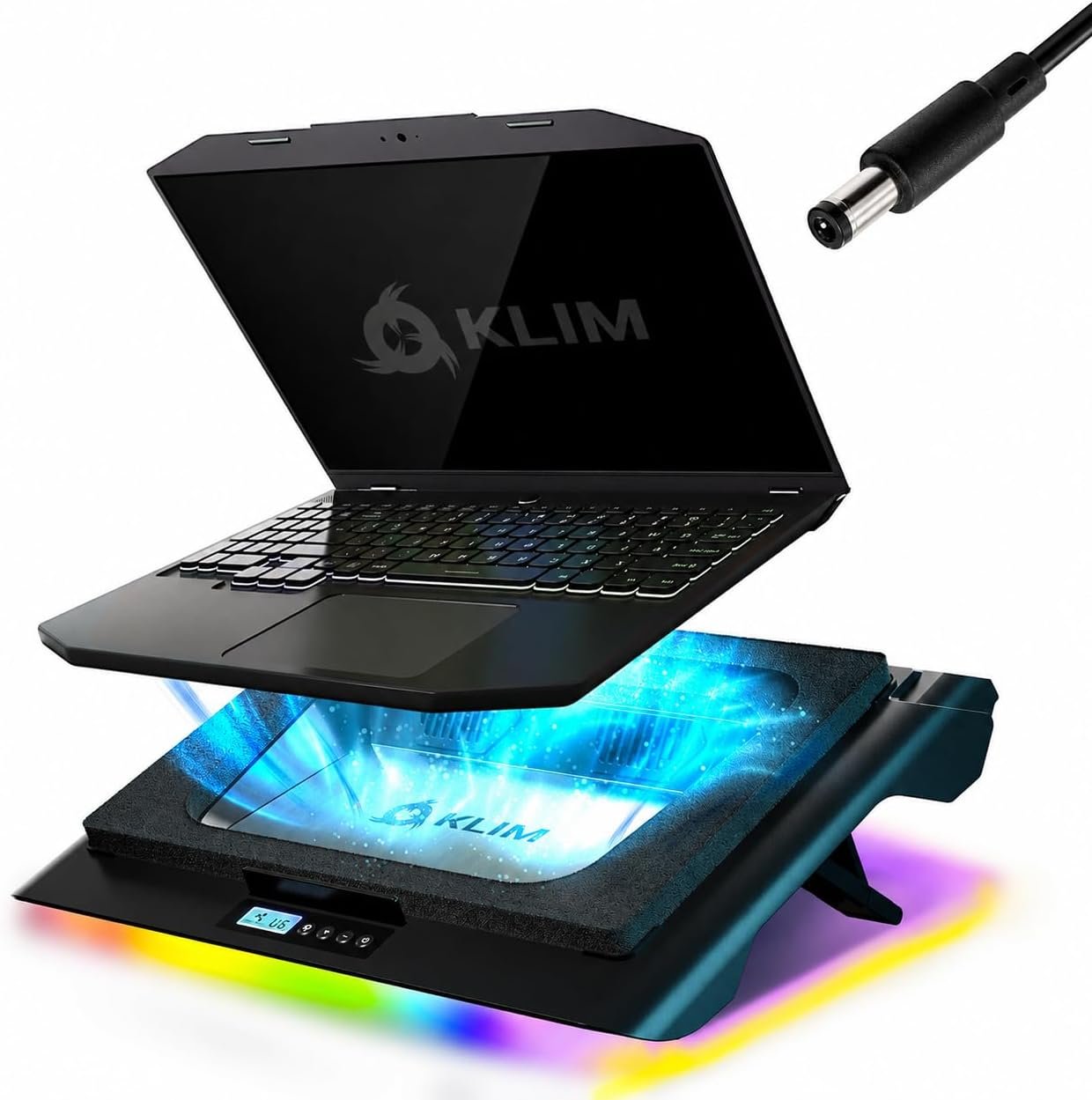 KLIM Everest Plus Gaming Laptop Cooling Pad – 6300 RPM Turbo Fan Cooler | Powerful DC cooling pad with dual turbo fans, RGB lighting, sealed foam design, cools fast. Fits 11-17.3in laptops.