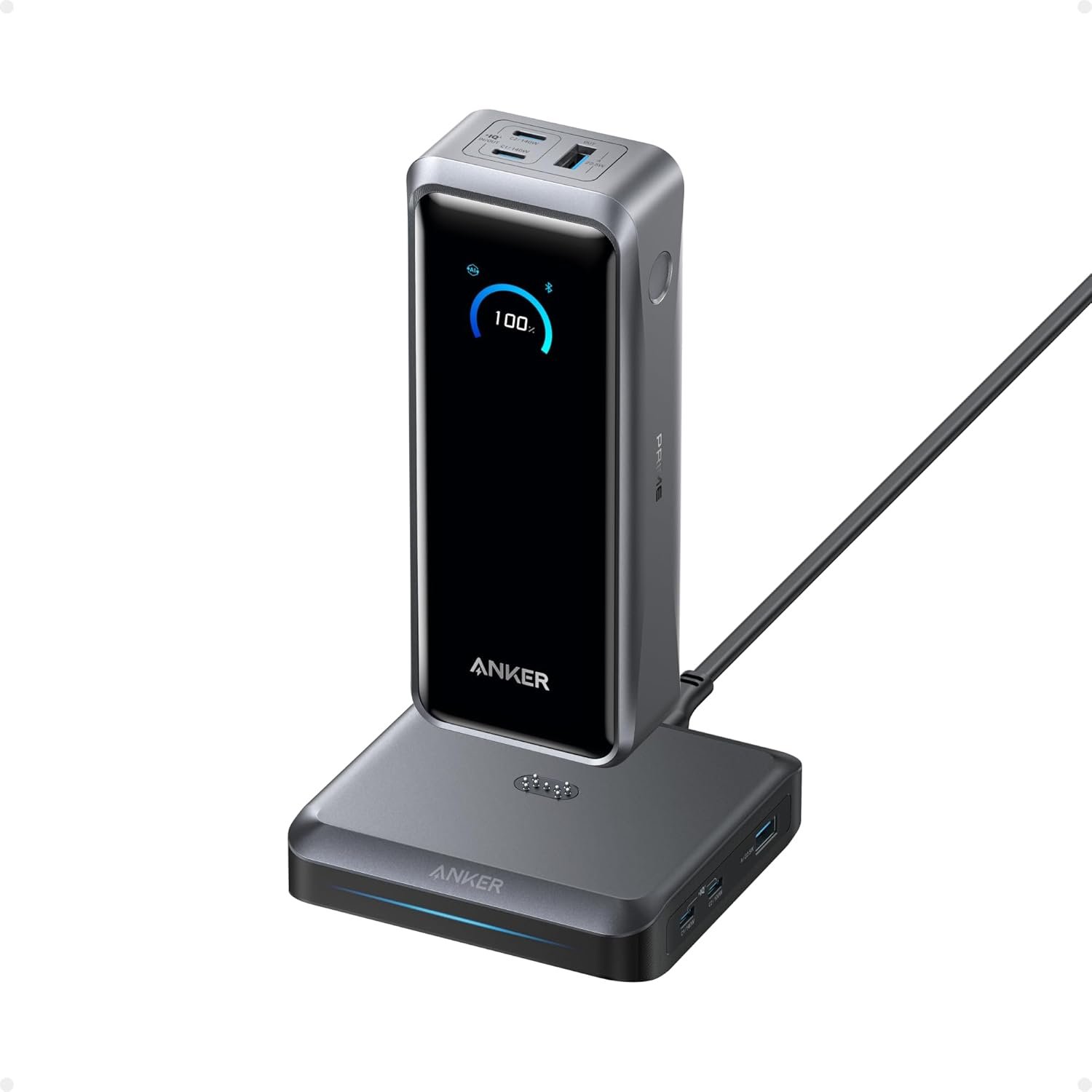 Anker Prime Power Bank and Charging Base, 26,250mAh 300W Max Portable Charger with Base for 6 Devices, Two-Way Charging, Flight-Approved, App Control, for Creators, MacBook, iPhone 17 Series, and More