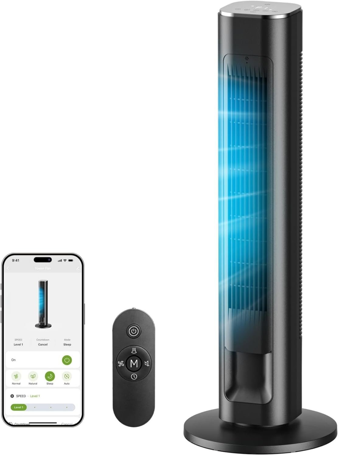 MORENTO Smart Tower Fan with Remote, WiFi/App/Voice Control, 25dB, Black | 36-Inch, 25ft/s Standing Fan, 25dB Ultra Quiet, 4 Modes, 4 Speeds, 12H Timer, 90° Oscillating Fan for Bedroom and Office