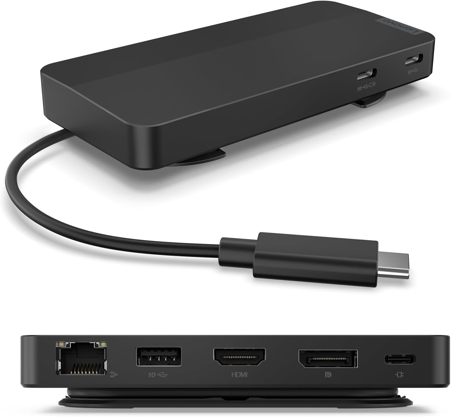 Lenovo USB-C Dual Display Travel Dock – 7 Ports, Integrated Cable, Universal Compatibility, Two displays at 4K – Black