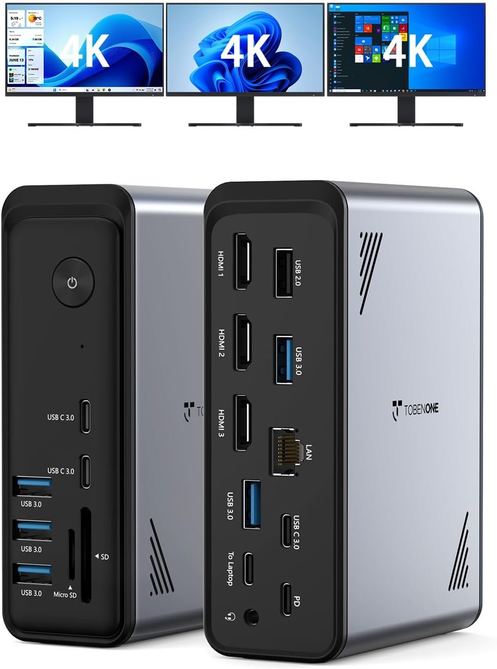 TobenONE 18 in 1 Laptop Docking Station 3 Monitors,Triple 4K HDMI,9 USB C/A | Docking Station with 3HDMI,Ethernet,PD 3.0,Fits Triple Monitor Office Work,for Windows/Dell/Lenovo Laptops (No Power Adapter)