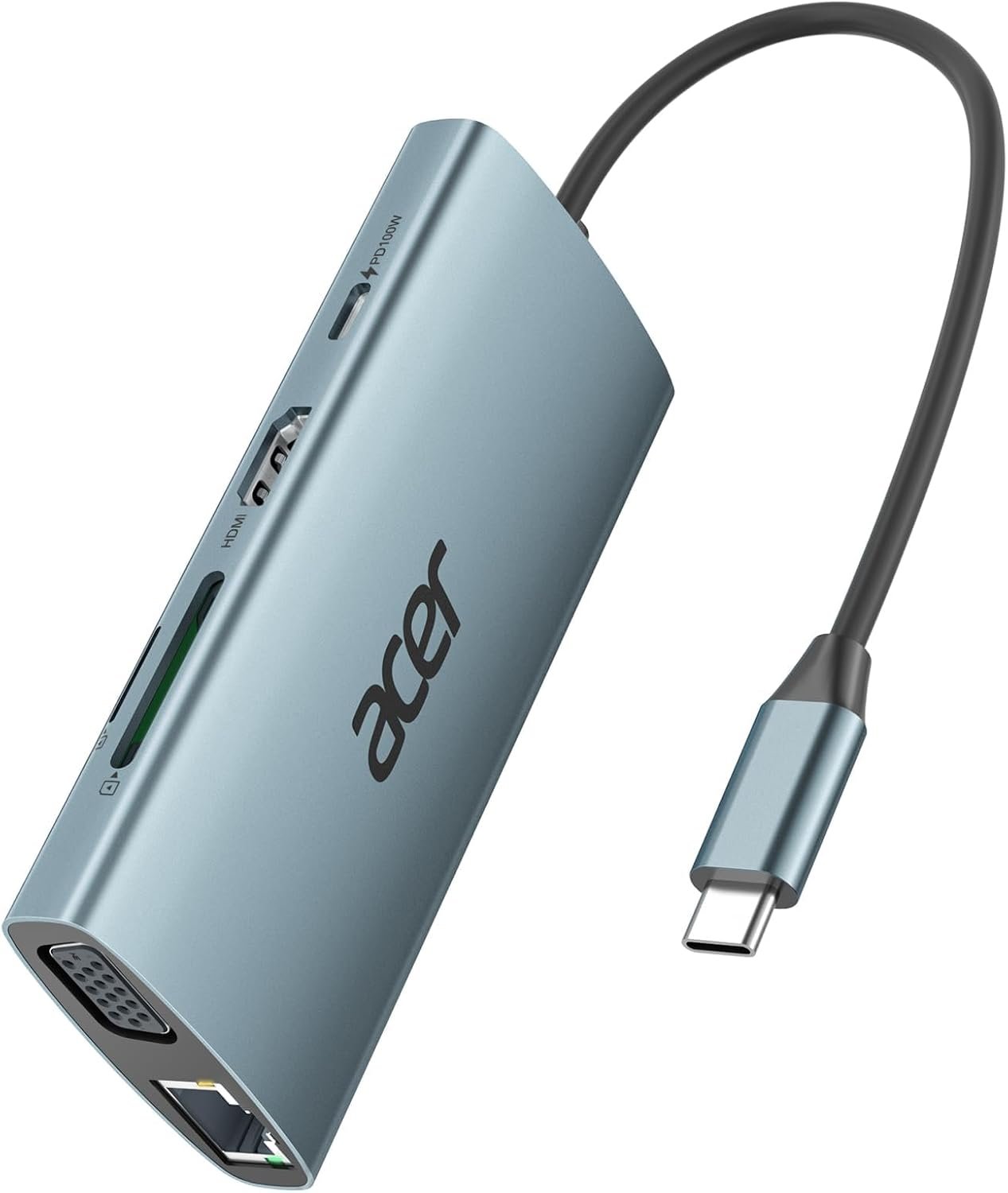 Acer USB C Hub with 4K HDMI, 9-in-1 Laptop Docking Station with 1080P VGA | USB C to Ethernet Adapter with 5Gbps 3×USB-A Data Transfer, 100W Max PD Port, SD/TF Card Reader for MacBook, Acer, 0.65ft