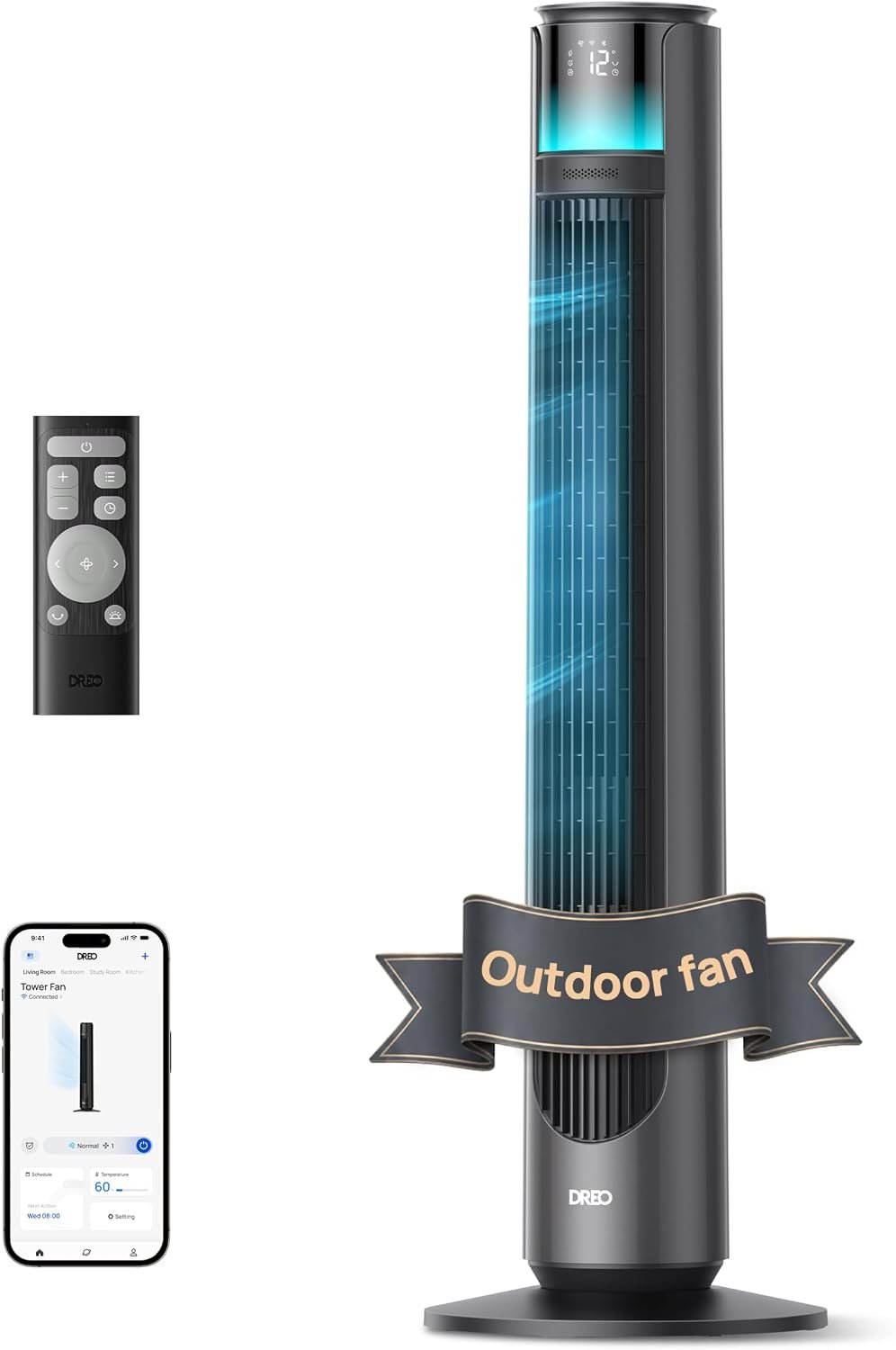 DREO Smart Tower Fan for Indoor & Outdoor Use, 33 ft/s High Velocity, 20 dB | 12 Speeds, 4 Modes, 150° Customizable Oscillating Floor Fan, Standing Fan for Bedroom, Weather Resistant, DC Motor, Grey