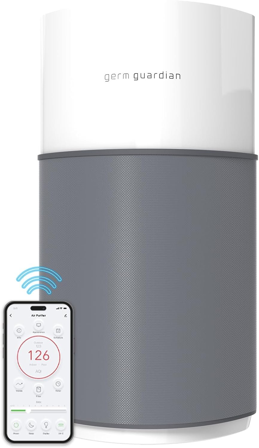 GermGuardian AirSafe+ XL Smart Air Purifier for Bedroom and Home – WiFi and App Enabled – 360-Degree True HEPA Filter – Filters Pet Dander, Dust, Smoke – Air Quality Monitor – AP3250 – Gray & White