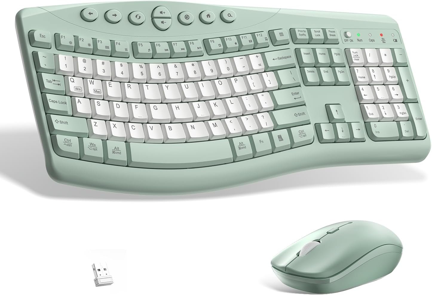 Wireless Keyboard and Mouse Combo,2.4G Full Size Ergonomic Curved Silent Keyboard with Fn Multimedia Keys for Office and Home, 3-DPI Quiet Mouse for Windows,Mac OS Desktop/Laptop/PC (Avocado Green-B)