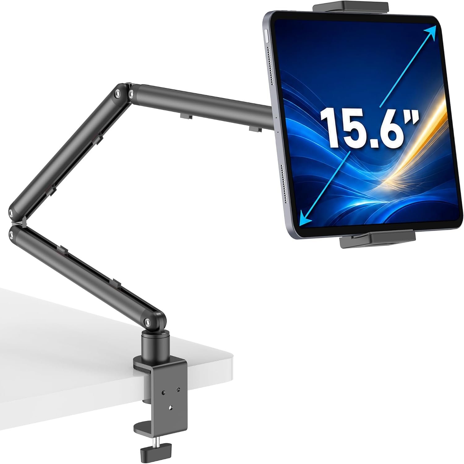 iPad Holder For Desk, Adjustable Tablet Arm iPad Desk Mount with C-Clamp | 30″ Foldable Long Arm & 360° Rotation, Fits 4.7″-15.6″ iPad Pro/Air/Mini, Phones & 15.6″ Portable Monitors For Desk/Bed Use