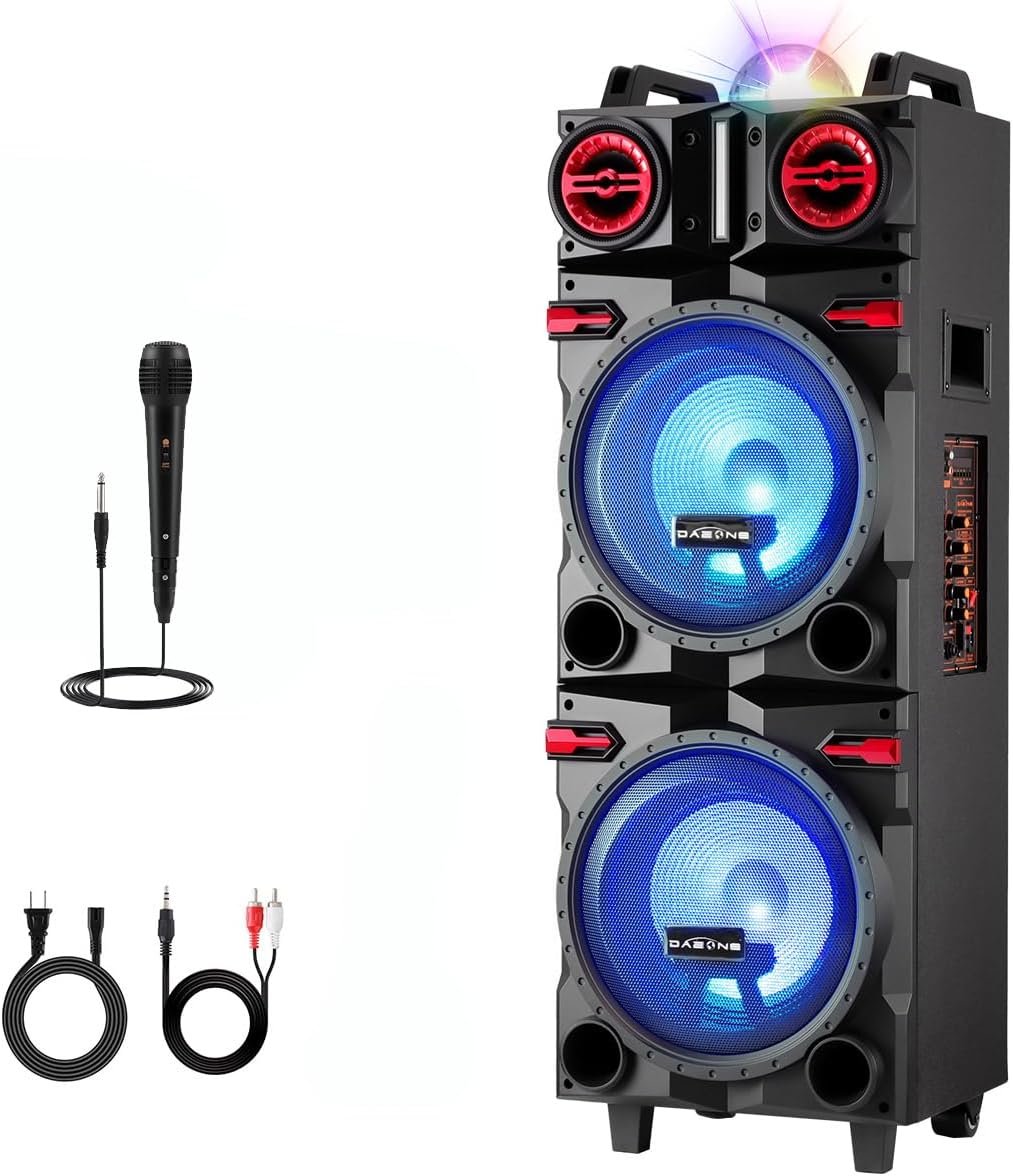 Portable Wireless Party Bluetooth Speaker with Dual 10″ Woofers | 80W Rechargeable PA System with Bass/Treble, Wired Microphone, Flashing Light, TWS, FM, REC, Telescopic Pull Rod, Wheels