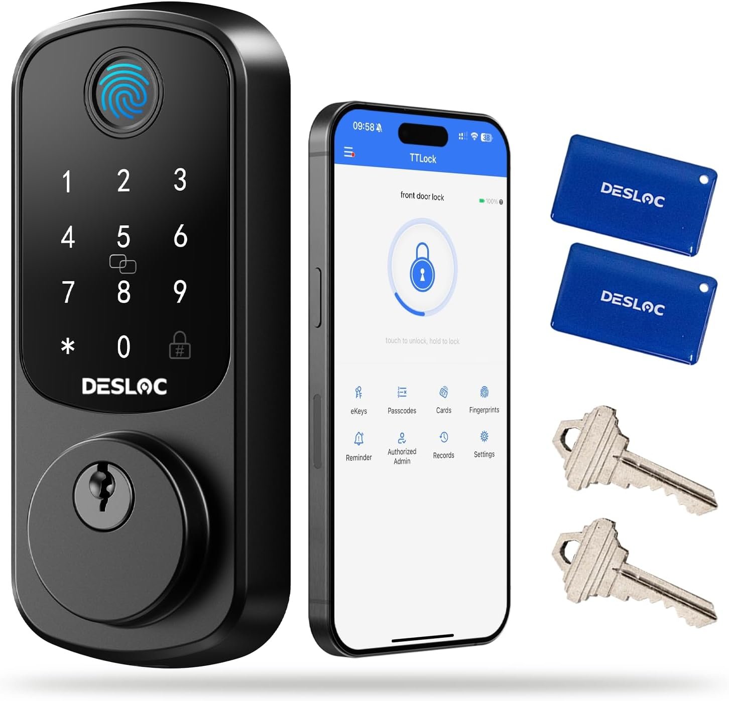 DESLOC B200 Fingerprint Smart Door Lock with App Control, Keyless Entry Deadbolt for Front Door, Auto Lock, Touchscreen Keypad, 8 Unlock Methods, USB-C Backup Power, 12-Month Battery, BHMA Grade3 | Fingerprint unlock, Bluetooth app control, auto lock, BHMA Grade 3 security, easy DIY installation.