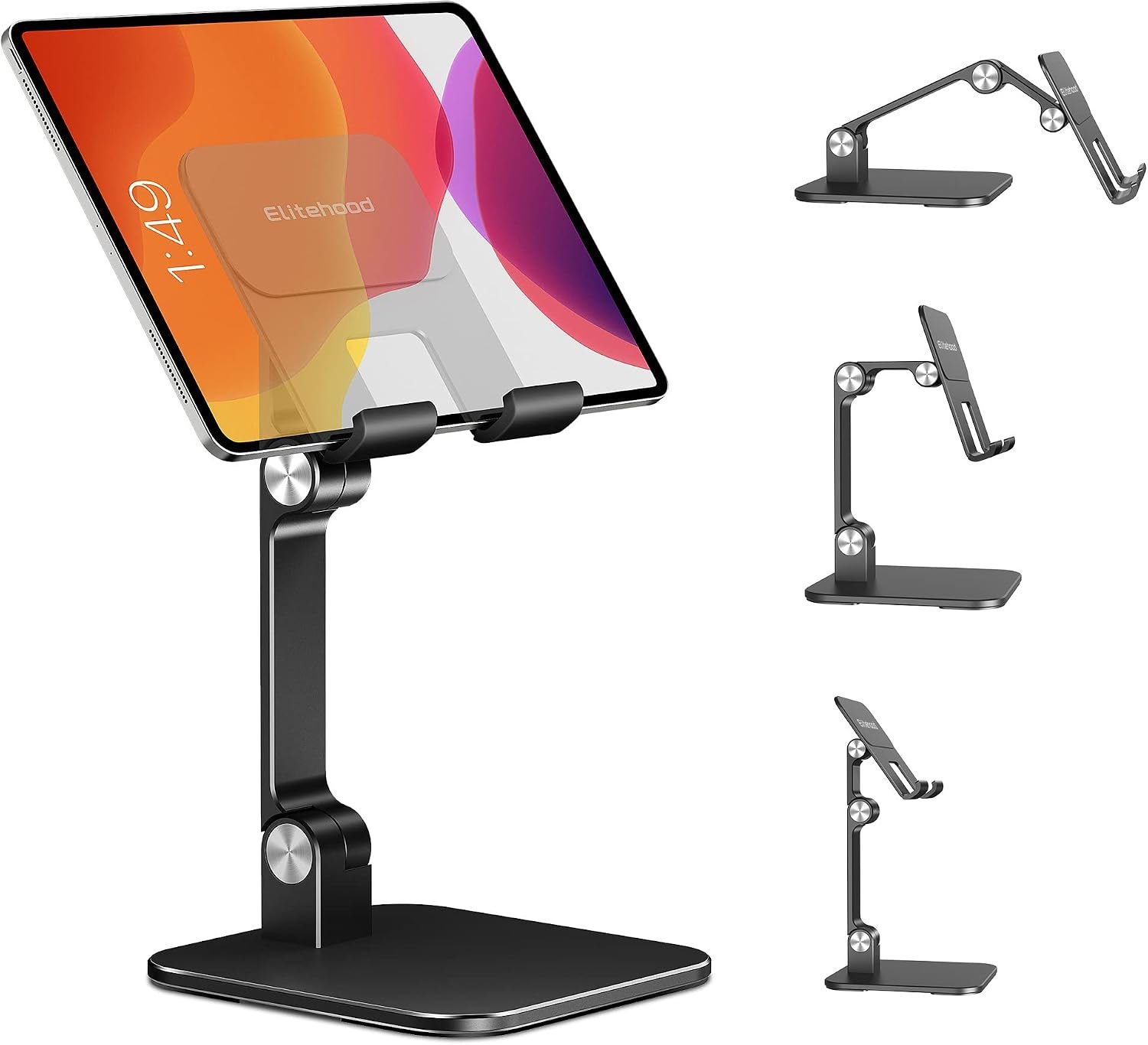 elitehood Aluminum iPad Stand for Desk, Ultra-Stable iPad Holder Stand | Height Adjustable Tablet Stand Holder for Home Office, iPad Pro Stand Compatible with iPad Pro 13 12.9, Air Mini, Black