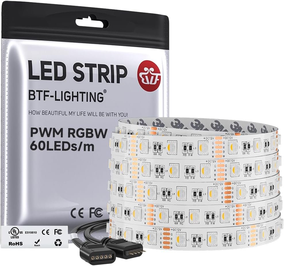 BTF-LIGHTING RGBW LED Strip Lights,UL Listed,5050 4 Colors in 1 RGB + 2700K-3000K Warm White,12V DC,16.4ft/5m 60LEDs/m 12mm White PCB, IP30 for Home Decoration(No Adapter or Controller)
