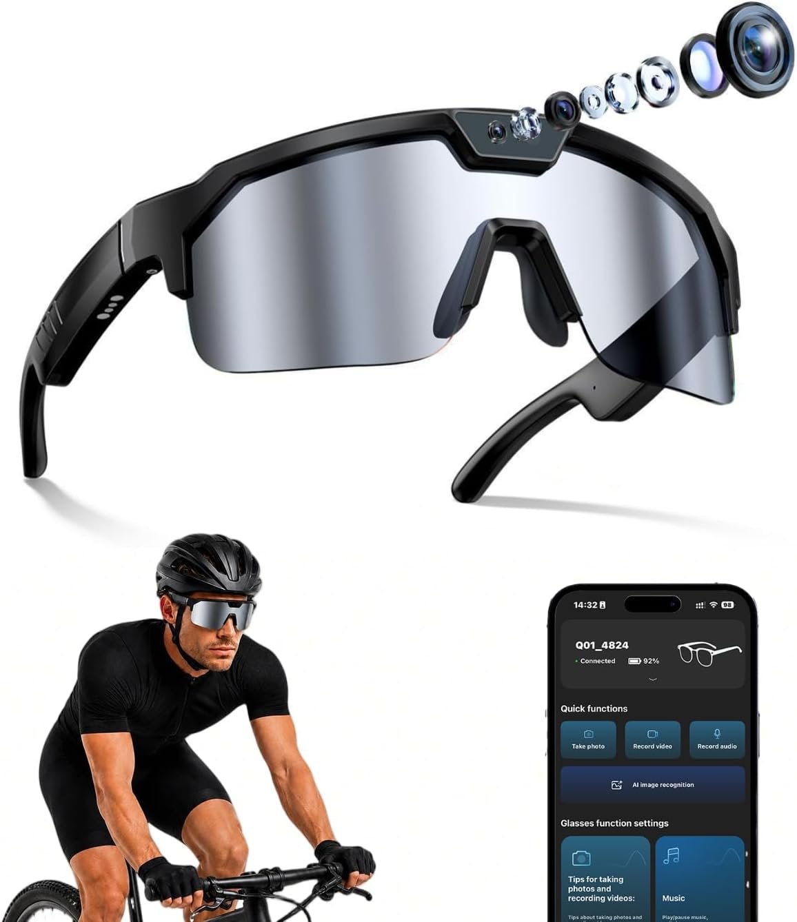 AI Smart Glasses with 30MP Camera, 4K HD Video Recording Sport SunGlasses | Bluetooth ChatGPT Voice Real-Time Translation, IP66 UV400 Sunglasses for Baseball, Cycling & Hiking Black