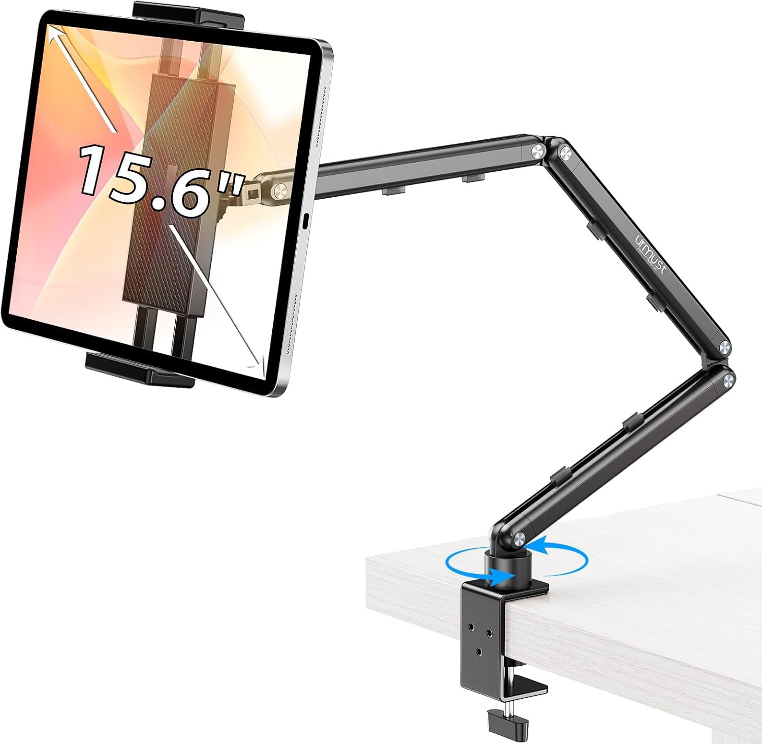 Urmust Tablet Stand for Desk, Adjustable iPad Holder for Bed, 4.7″-15.6″ | 360° Rotation, Sturdy Aluminum Tablet Arm Mount for iPad Pro/Air/Mini, iPhone, Galaxy Tab, for Kitchen, Work, Video Call