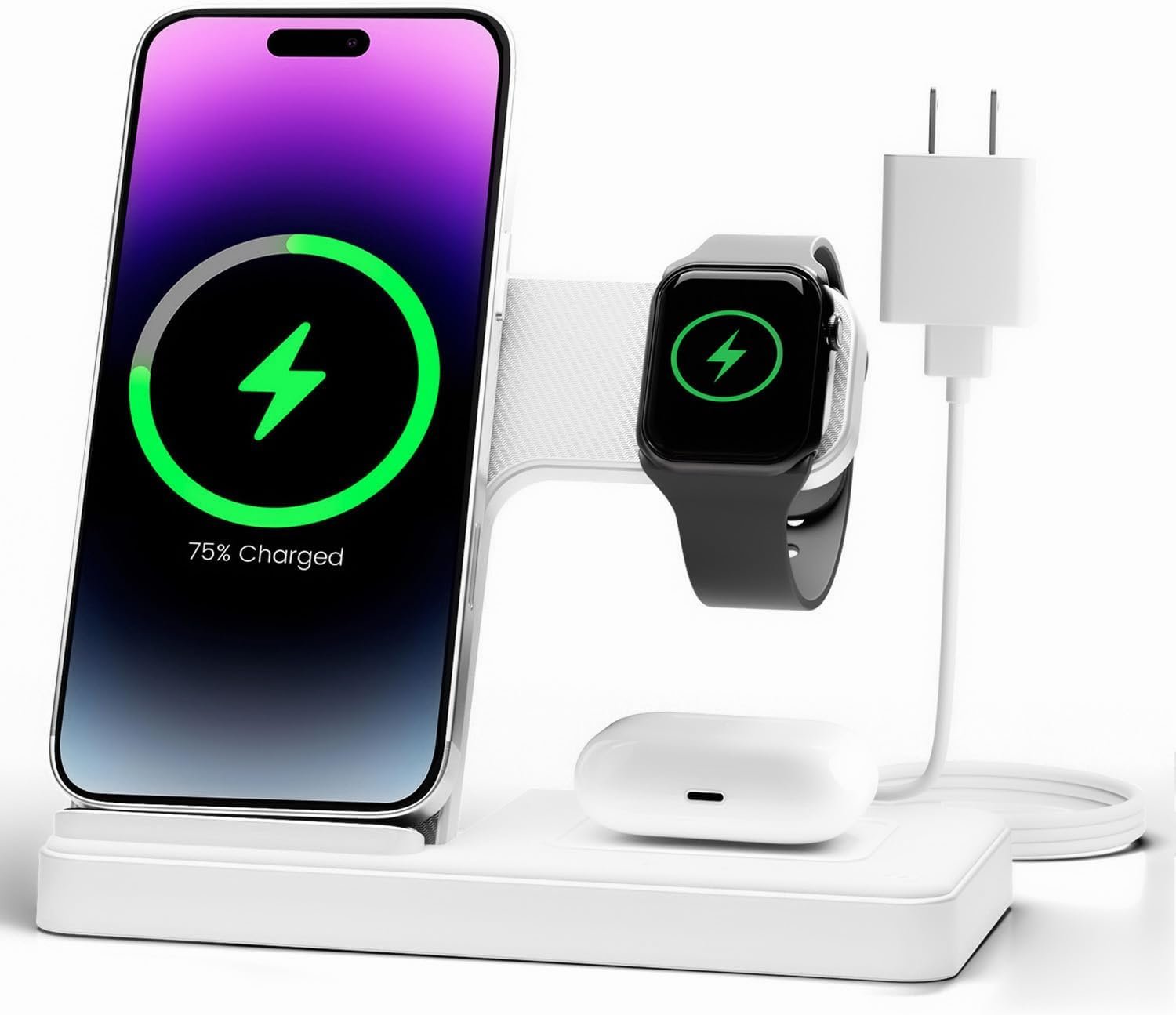 GETPALS Wireless Charger iPhone Charging Station for Apple Multiple Devices | 3 in 1 Charger Stand for iPhone 17 Pro Max 17e 16 16e 15 14 13 12 & Watch Series 11-2 SE Ultra & Airpods 4 3 Pro, White