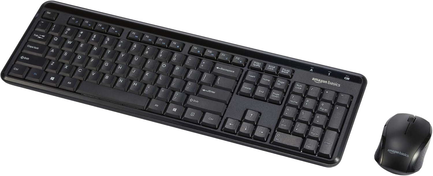 Amazon Basics 2.4GHz Wireless Keyboard and Mouse Combo Set, Quiet and Compact US Layout, Plug and Play, Unifying USB Receiver, Black