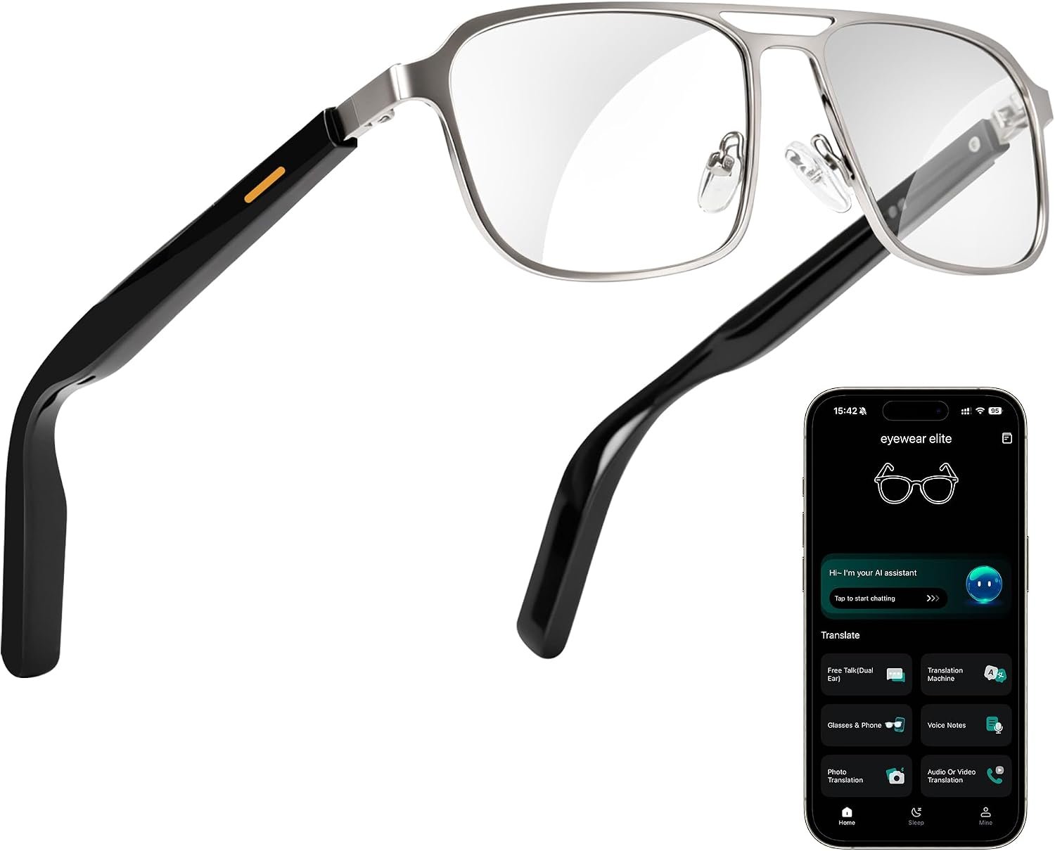 AI Smart Glasses with ChatGPT & Real-Time Translation, Bluetooth Audio Glasses with Photochromic Lens, Music & Hands-Free Calling, UV/Blue Light Protection, Metal Frame, Thin Temple