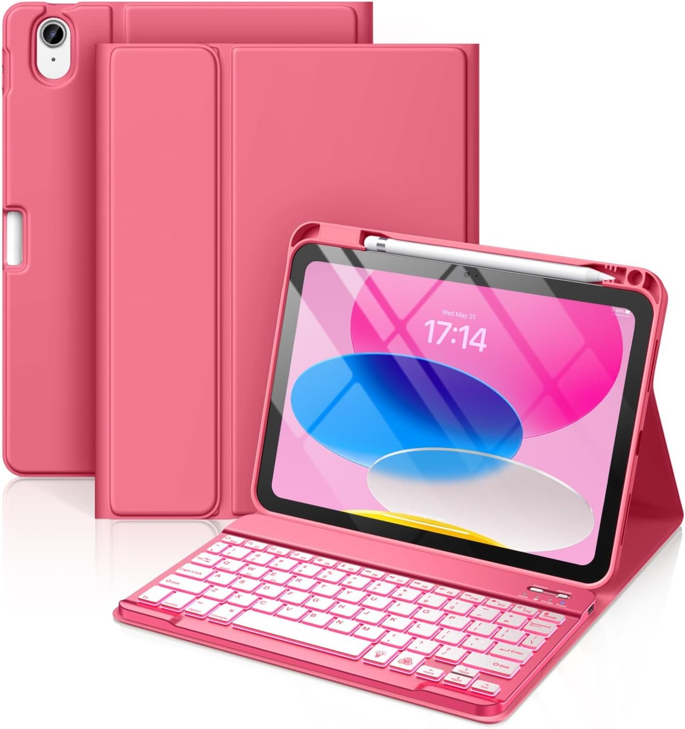 Hamile for iPad 11th 10th Generation Case with Keyboard – 7 Colors Backlit Wireless Detachable Folio Keyboard Cover with Pencil Holder for iPad 11-inch A16 2025 10th Gen 10.9 Inch 2022 (Pink)