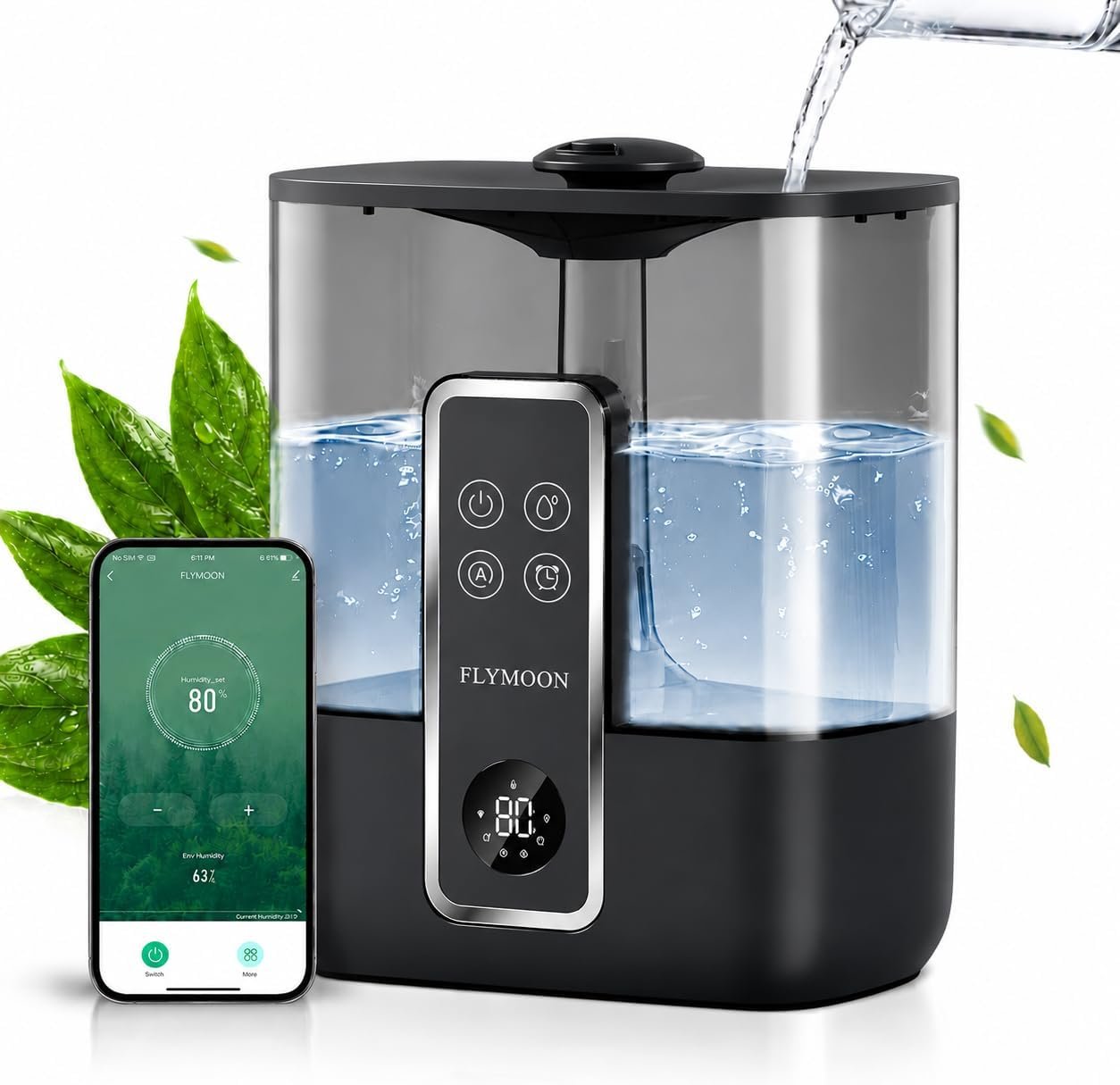 FLYMOON Top Fill 5L Cool Mist Humidifiers with 28dB | Tuya App & Touch Control, Auto-Off, 12H Timer, 50 Hour Runtime, Ultra-fine Mist, Ideal for Bedrooms