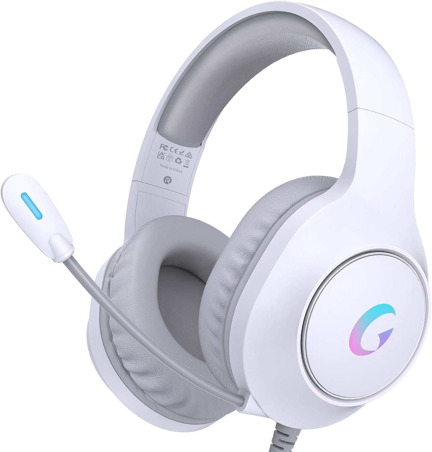 syndesmos CM7002 Gaming Headset for PC, PS5, Xbox Series X|S, Switch, Over-Ear Headphones with 7.1 Surround Sound, 50MM Drivers & Noise Canceling Mic, RGB Comfort Headset for Gaming, Light White