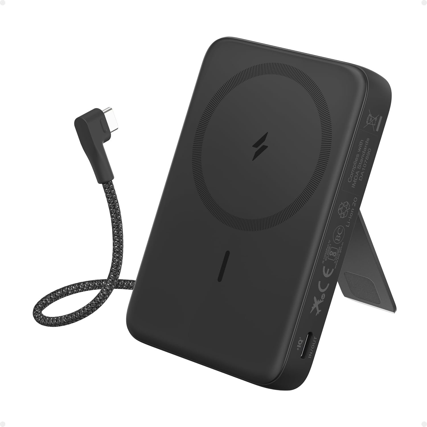 Anker Zolo Magnetic Power Bank, 10,000mAh Wireless Portable Charger | Magnetic Battery Pack with 30W Max Fast Charging, Built-in USB-C Cable and Adjustable Stand, for iPhone 17/16/15 Series