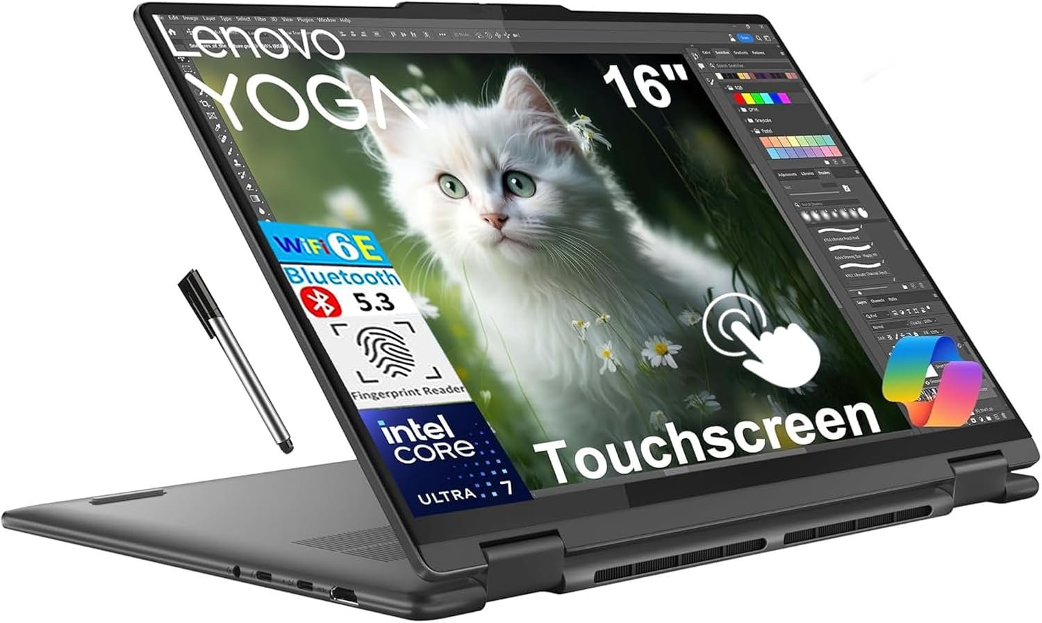 Lenovo Yoga 7i 2-in-1 Laptop, 16″ FHD+ 2K Touchscreen Display, 12-core Intel Core Ultra 7 155U, 16GB LPDDR5X, 1TB SSD, Backlit KB, Fingerprint, Thunderbolt 4, Win 11 Home, Storm Grey, EAT 16GB USB Pen