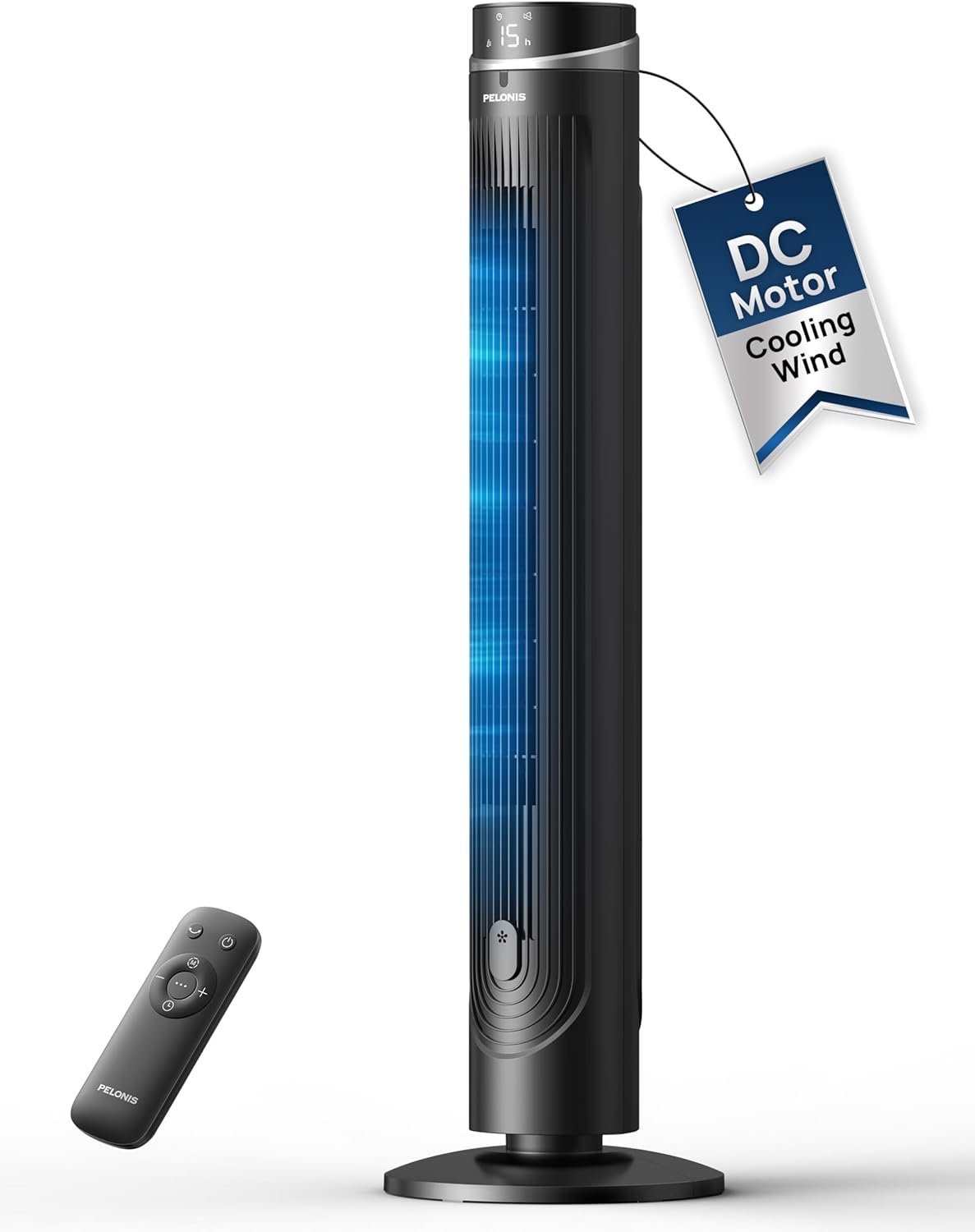 PELONIS 42-Inch 90° Oscillation Tower Fan for Bedroom with Remote, Black | Standing Cooling Fan, Brushless DC Motor, 2045 CFM 28 ft/s, 12 Speed/4 Modes, 24-Hr Timer, Quiet 20dB for Home, LED Display