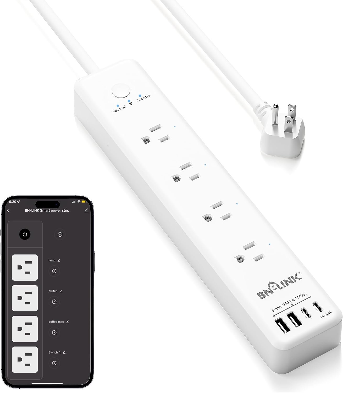 BN LINK Smart Plug Power Strip，Surge Protector with 4 Individually Controlled Smart Outlets, 4 USBs (incl. 20W USB-C), Compatible with Alexa and Google Home