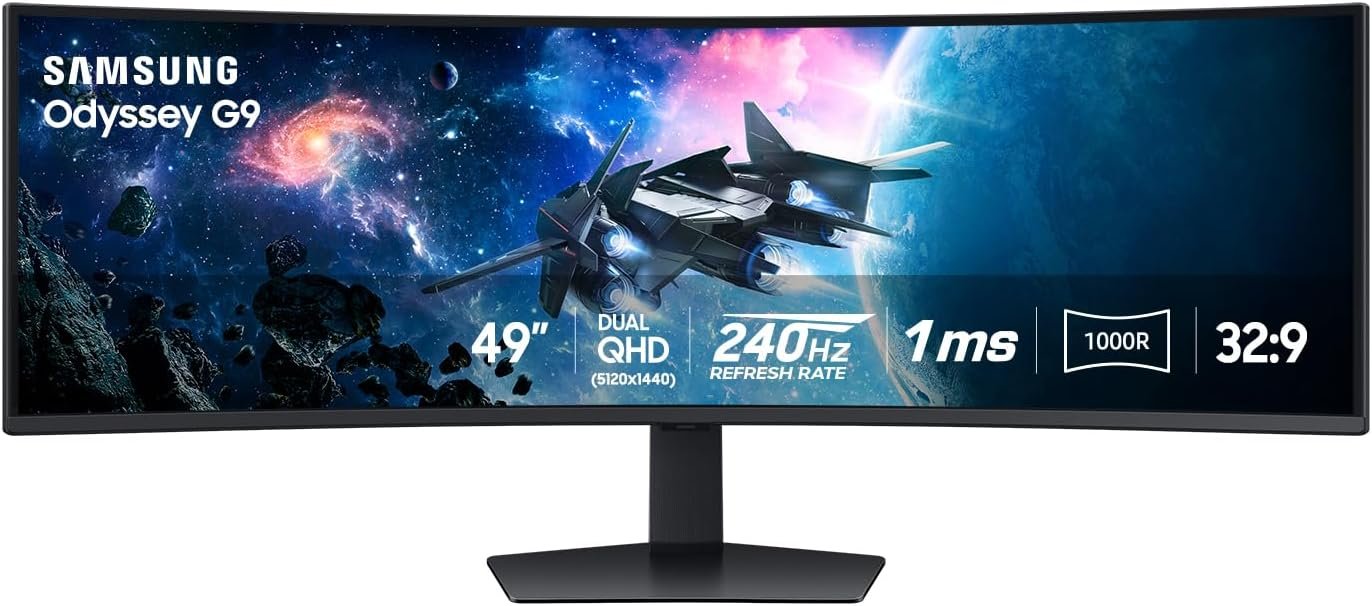 Samsung 49” Odyssey G9 Series DQHD 1000R Curved Gaming Monitor, 1ms(GtG), VESA DisplayHDR 1000, 240Hz, AMD FreeSync Premium Pro, Height Adjustable Stand, Ultrawide Screen, LS49CG954ENXZA, 2024 | 240Hz, 1ms(GtG), VESA DisplayHDR 1000, AMD FreeSync Premium Pro, Height Adjustable Stand, Ultrawide Screen (LS49CG954ENXZA)