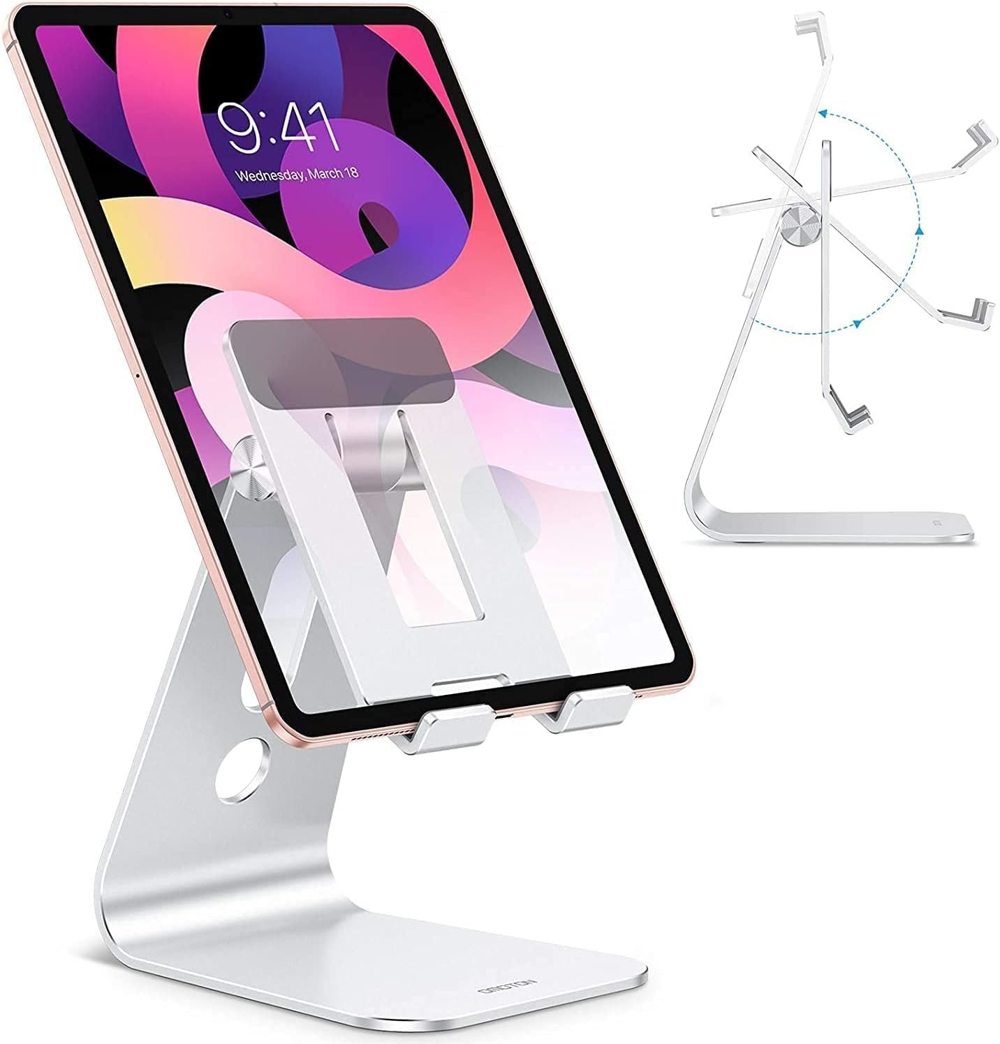 OMOTON T2 Tablet Stand for Desk, Aluminum Holder for iPad Pro/Air, Silver | Adjustable View Angle, Hollow Design Cooling, Anti-Slip Silicone Pads, Mount for 4.7-12.9″ Devices, Home Office Kitchen Use