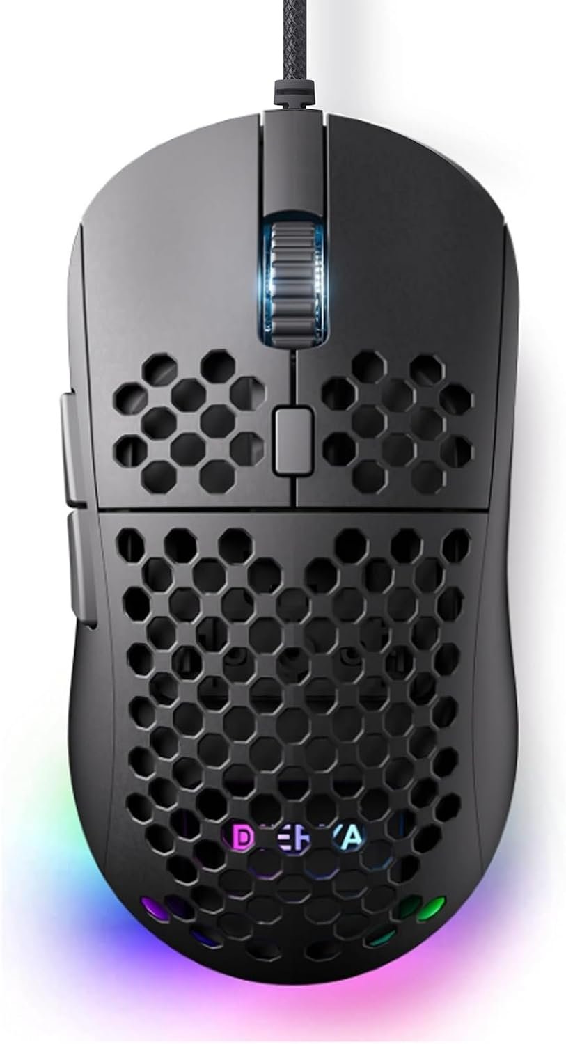 DIERYA M1SE Wired Gaming Mouse with Honeycomb Shell, 12800DPI Optical Sensor, 6 Programmable Macros, Software Support for Custom Key Config, and RGB Settings for Windows 7/8/10/XP, Vista, Linux-Black